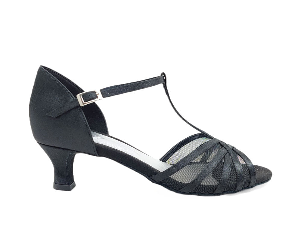 Dancing Queens 705 Tanzschuhe in Black Satin, niedriger Absatz & Knöchelriemen, ideal für Anfänger.